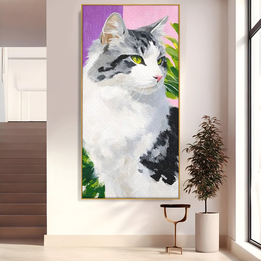 Tablou canvas cu pictura cu portret de pisica, in rama de aluminiu auriu